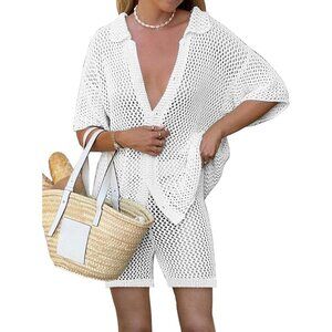 🆕Women White Acrylic Sexy Hollow Out 2 Piece Shorts Set Swimsuit Cover Up